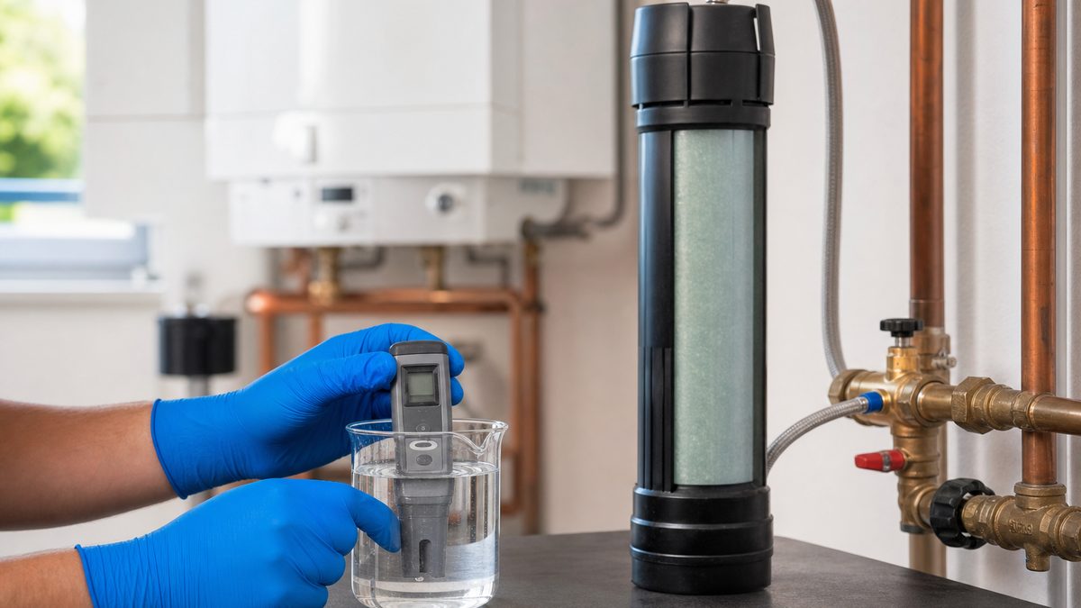 Technicien mesurant la conductivité de l'eau de chauffage au testeur électronique, cartouche de déminéralisation raccordée au circuit