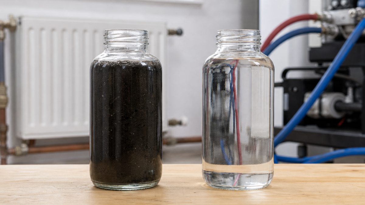 Deux échantillons d'eau de circuit de chauffage prélevés dans un immeuble, l'un noir et chargé de boues avant intervention, l'autre clair après désembouage