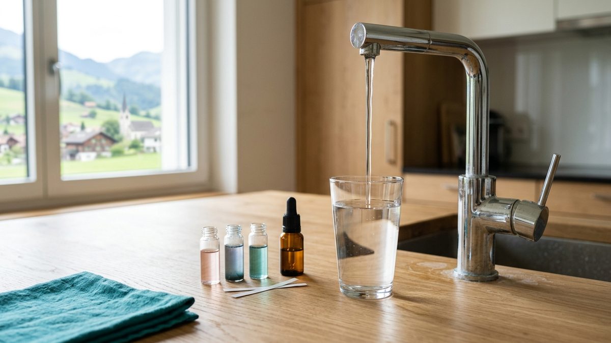 Verre d'eau rempli au robinet d'une cuisine, à côté de flacons d'un kit de mesure de la dureté de l'eau