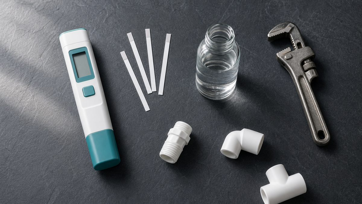 Appareil de mesure, bandelettes de test, flacon d'eau, raccords et clé à tube posés sur un plan de travail sombre