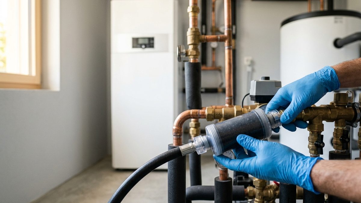 Technicien en gants raccordant une cartouche de déminéralisation au circuit d'une pompe à chaleur, tuyauterie en cuivre et ballon tampon