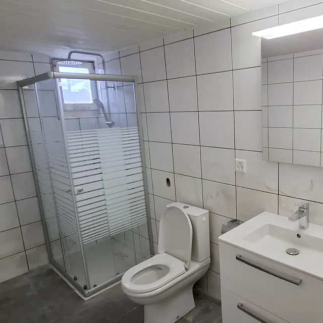 Salle de bain rénovée avec douche en angle, WC et meuble vasque