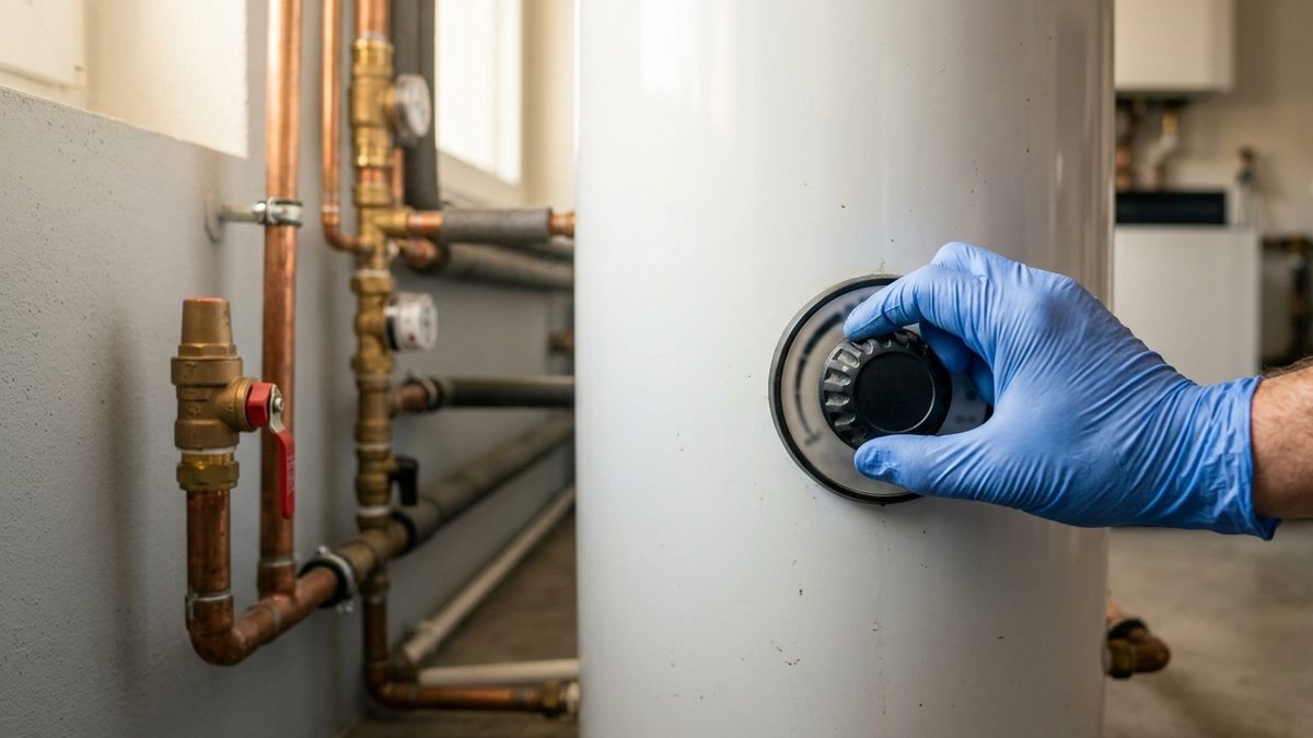 Technicien en gants réglant le thermostat d'un ballon d'eau chaude sanitaire, tuyauterie en cuivre et soupape de sécurité